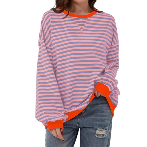 Lenugeo Dünne Sweatshirt Gestreift Damen Striped Shirt Oversized Pullover Langärm T-Shirt Top|Blau-Rosa,M von Lenugeo