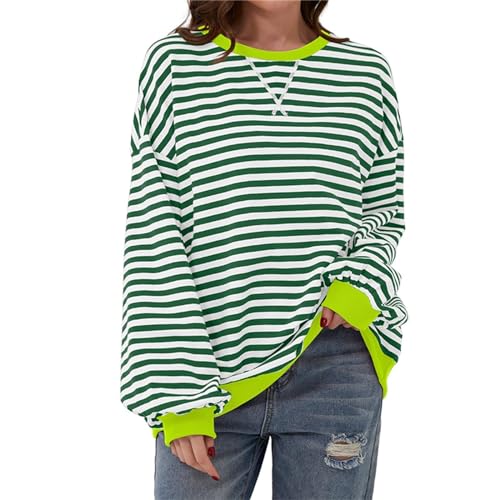 Lenugeo Dünne Sweatshirt Gestreift Damen Striped Shirt Oversized Pullover Langärm T-Shirt Top|Grün-Weiß,L von Lenugeo