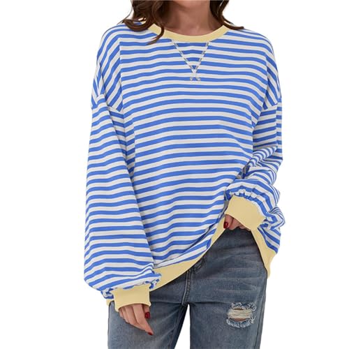 Lenugeo Dünne Sweatshirt Gestreift Damen Striped Shirt Oversized Pullover Langärm T-Shirt Top|Blau-Schwarz,S von Lenugeo
