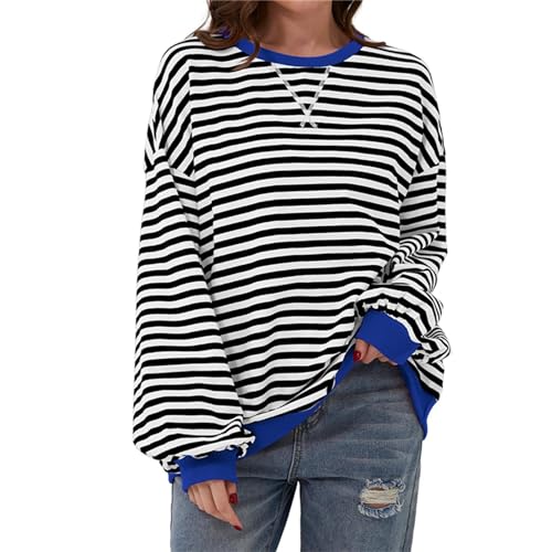 Lenugeo Dünne Sweatshirt Gestreift Damen Striped Shirt Oversized Pullover Langärm T-Shirt Top|Schwarz-Weiß,XL von Lenugeo