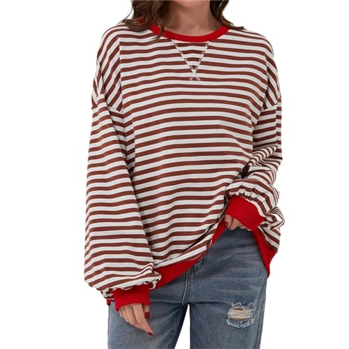 Lenugeo Dünne Gestreift Sweatshirt Damen Oversized Striped Shirt Casual T-Shirt Pullover Rundhals Langärmelig Lässig Lose Sweatshirt Y2K Shirt Top|Kaffee-Weiß,L von Lenugeo