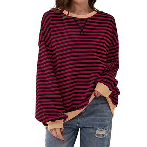 Lenugeo Dünne Sweatshirt Gestreift Damen Striped Shirt Oversized Pullover Langärm T-Shirt Top|Rot-Schwarz,XL von Lenugeo