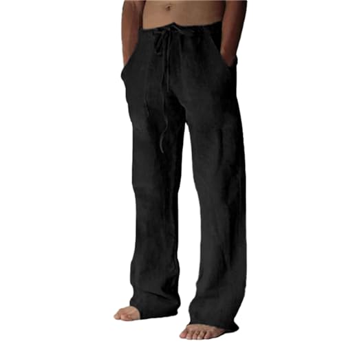 Lenugeo Sommerhose Lang Herren Leichte Leinenhose Bauwolle Freizeithose Langarm Sommer Männer Hosen|Schwarz,XL von Lenugeo