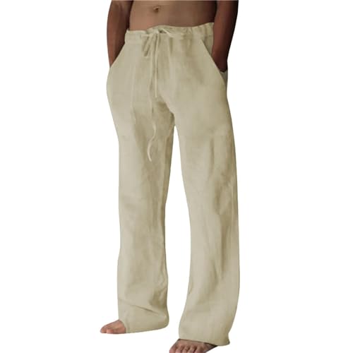 Lenugeo Sommerhose Lang Herren Leichte Leinenhose Bauwolle Freizeithose Langarm Sommer Männer Hosen|Khaki,XL von Lenugeo