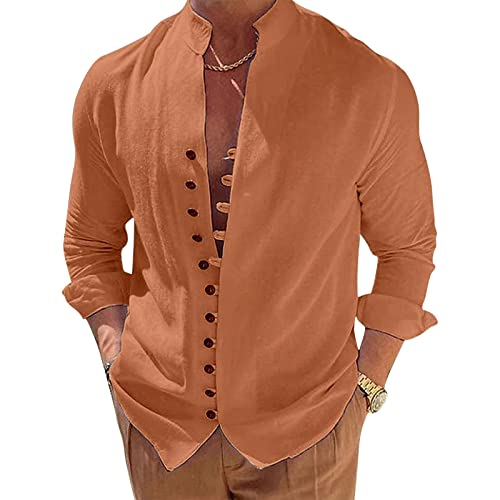 Lenugeo Baumwollehemd Leinenhemd für Herren, Leichtes Langarm Hemd Sommer, Sommerhemd Freizeithemd Strandhemd Stehkragenhemd Trachtenhemd, Henley Shirt Stehkragen Leinen | Braun L von Lenugeo