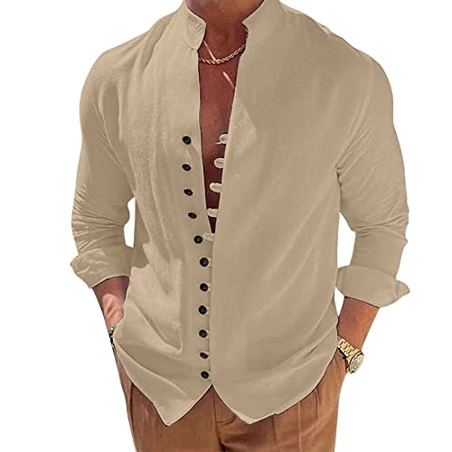 Lenugeo Baumwollehemd Leinenhemd für Herren, Leichtes Langarm Hemd Sommer, Sommerhemd Freizeithemd Strandhemd Stehkragenhemd Trachtenhemd, Henley Shirt Stehkragen Leinen | Khaki M von Lenugeo