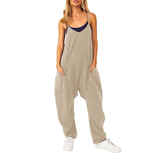 Lenugeo Latzhose für Damen, Lässiger Sommer Overall Jumpsuit Jumper, Weite Hose Overall Baggy Cargohose Jeans, Arbeitshose Freizeithose Sommerhose Romper Strampler Playsuit Oversize | Beige von Lenugeo