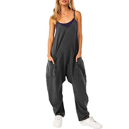 Lenugeo Latzhose für Damen, Lässiger Sommer Overall Jumpsuit Jumper, Weite Hose Overall Baggy Cargohose Jeans, Arbeitshose Freizeithose Sommerhose Romper Strampler Playsuit Oversize | Schwarz von Lenugeo