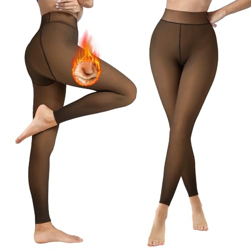 Lenugeo Thermo Strumpfhose Für Damen, Gefütterte Fake Transparente Thermostrumpfhose Große Größen, Herbst Winter Warme Leggings Dünnes Fleece | 200g C-Braun Plus Size XXL+ von Lenugeo