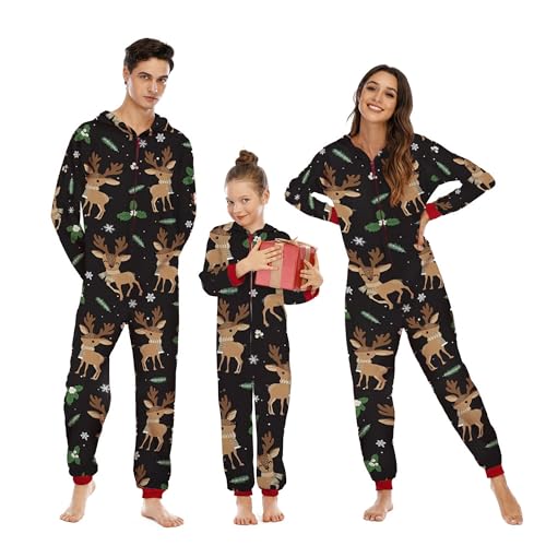 Lenugeo Weihnachts Matching Einteiliger Pyjama, Familie Couple Partner Paare Weihnachten Schlafanzug, Christmas Rentier Strampler Jumpsuit Fun Outfit | Für Damen, Schwarz (EA) von Lenugeo