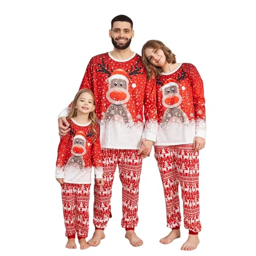 Lenugeo Weihnachts Matching Pyjamas 2er Set, Familie Couple Partner Paare Weihnachten Schlafanzug, Christmas Homewear Rentier Weihnachtspyjama Weihnachtsoutfit | Für Damen, Rot (A) von Lenugeo