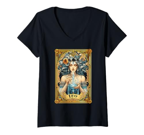 Damen Sternzeichen Löwe Sternzeichen Tarotkarte Wasserträger T-Shirt mit V-Ausschnitt von Leo Astrology Sign Tarot Card Water Bearer
