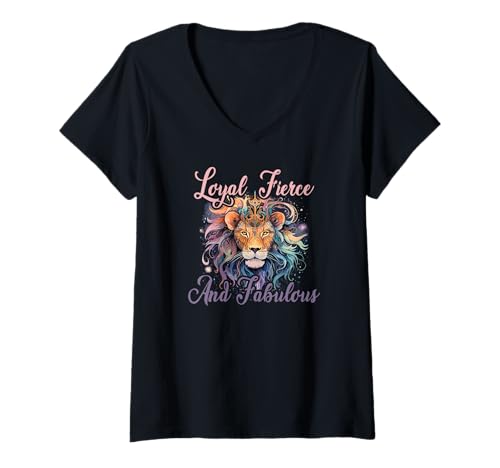 Damen LOYAL Fierce and Fabulous T-Shirt mit V-Ausschnitt von Leo Fierce Fabulous Loyal Spirit Zodiac Horoscope