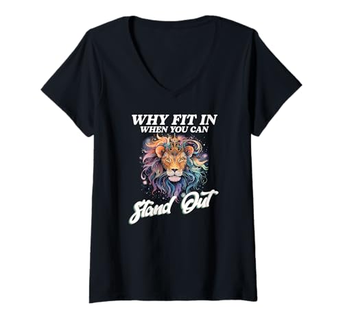 Damen WHY FIT IN When You CAN Stand Out T-Shirt mit V-Ausschnitt von Leo Fit Stand Zodiac Horoscope Astrology Symbol