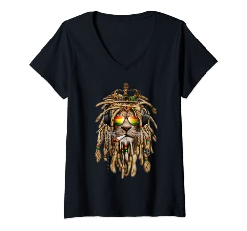 Damen Rastafarische Kleidung und Reggae-Bekleidung mit Reggae-Löwe T-Shirt mit V-Ausschnitt Damen Rastafarische Kleidung und Reggae-Bekleidung mit Reggae-Löwe T-Shirt mit V-Ausschnitt von Leo King , Jamaica Rasta Reggae By Marijuana