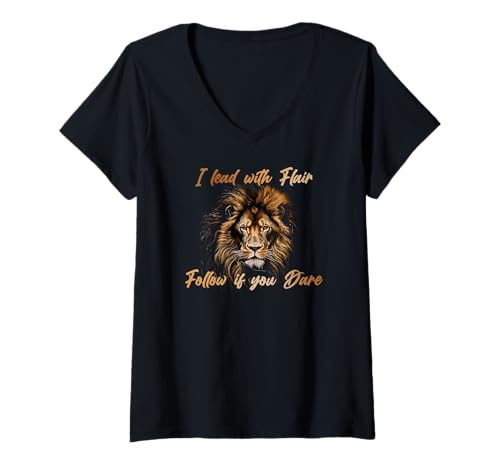 Damen I Lead with Flair Follow IF You Dare T-Shirt mit V-Ausschnitt von Leo Lead Follow Flair Dare Zodiac Horoscope
