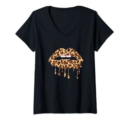 Damen Leo Mund Lippen im Leo Look Leopard Muster Geschenk T-Shirt mit V-Ausschnitt Damen Leo Mund Lippen im Leo Look Leopard Muster Geschenk T-Shirt mit V-Ausschnitt von Leo Muster Geschenke im Leopard Style