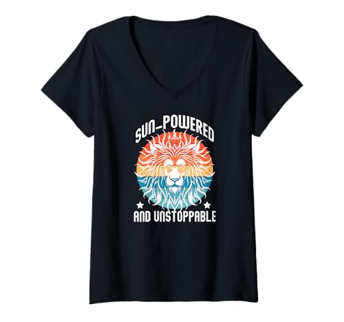 Damen Sun Powered and Unstoppable T-Shirt mit V-Ausschnitt Damen Sun Powered and Unstoppable T-Shirt mit V-Ausschnitt von Leo Sun Powered Unstoppable Means Zodiac Horoscope