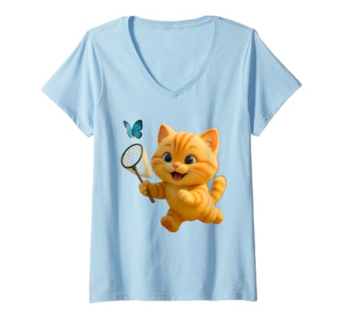 Damen Niedliche Katze, die Schmetterling jagt, Bezaubernde animierte Löwe die Katze T-Shirt mit V-Ausschnitt Damen Niedliche Katze, die Schmetterling jagt, Bezaubernde animierte Löwe die Katze T-Shirt mit V-Ausschnitt von Leo's Stories