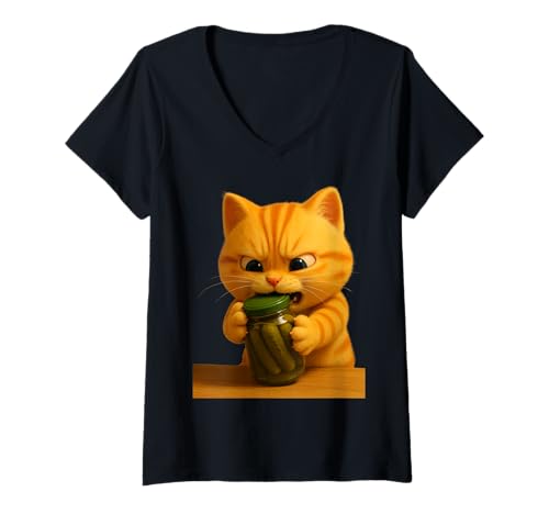 Damen Niedliche Katze, die mit Glas kämpft, Bezaubernder animierter Löwe die Katze T-Shirt mit V-Ausschnitt Damen Niedliche Katze, die mit Glas kämpft, Bezaubernder animierter Löwe die Katze T-Shirt mit V-Ausschnitt von Leo's Stories