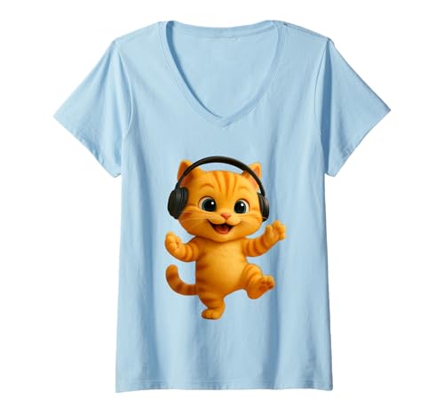 Damen Niedliche Katze, die zu Musik Tanzt, Bezaubernde animierte Löwe die Katze T-Shirt mit V-Ausschnitt Damen Niedliche Katze, die zu Musik Tanzt, Bezaubernde animierte Löwe die Katze T-Shirt mit V-Ausschnitt von Leo's Stories