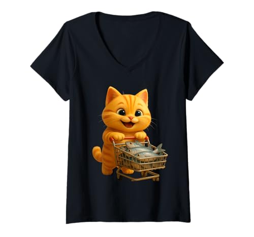 Damen Niedliche Katze beim Kauf von Fisch, entzückende animierte Löwe die Katze T-Shirt mit V-Ausschnitt Damen Niedliche Katze beim Kauf von Fisch, entzückende animierte Löwe die Katze T-Shirt mit V-Ausschnitt von Leo's Stories