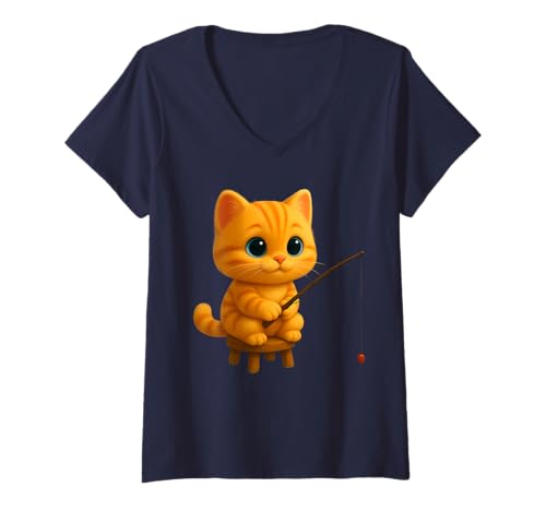Damen Niedliche Katze zum Angeln, Bezaubernder animierter Löwe die Katze T-Shirt mit V-Ausschnitt Damen Niedliche Katze zum Angeln, Bezaubernder animierter Löwe die Katze T-Shirt mit V-Ausschnitt von Leo's Stories