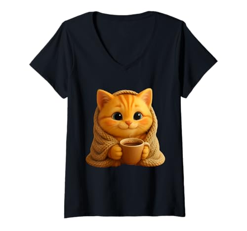 Damen Niedliche gemütliche Katze in Decke, Bezaubernder animierter Löwe die Katze T-Shirt mit V-Ausschnitt von Leo's Stories