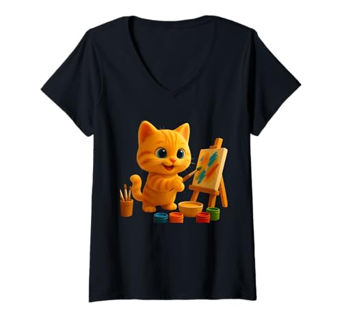 Damen Niedliches Katzengemälde auf Leinwand, Bezaubernder animierter Löwe die Katze T-Shirt mit V-Ausschnitt von Leo's Stories