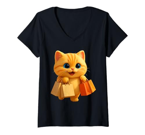 Damen Süße Einkaufskatze, Bezaubernde animierte Löwe die Katze T-Shirt mit V-Ausschnitt Damen Süße Einkaufskatze, Bezaubernde animierte Löwe die Katze T-Shirt mit V-Ausschnitt von Leo's Stories