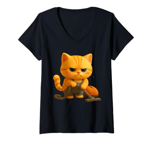 Damen Süße unglückliche Reinigungskatze, entzückende animierte Löwe die Katze T-Shirt mit V-Ausschnitt von Leo's Stories