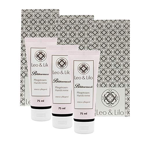 3er-Geschenkset Blütenrausch Pfingstrosen-Handcreme 75 ml jeweils mit Geschenkverpackung von Leo & Lilo für trockene und strapazierte Hände. von Leo & Lilo