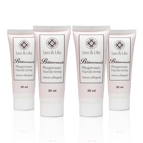 Leo & Lilo 4er-Set Handcreme Pfingstrose 20 ml - Intensive Pflege für trockene Hände - Mit pflanzlichen Bio-Ölen und Bio-Pfingstrosenblütenextrakt - Naturkosmetik von Leo & Lilo