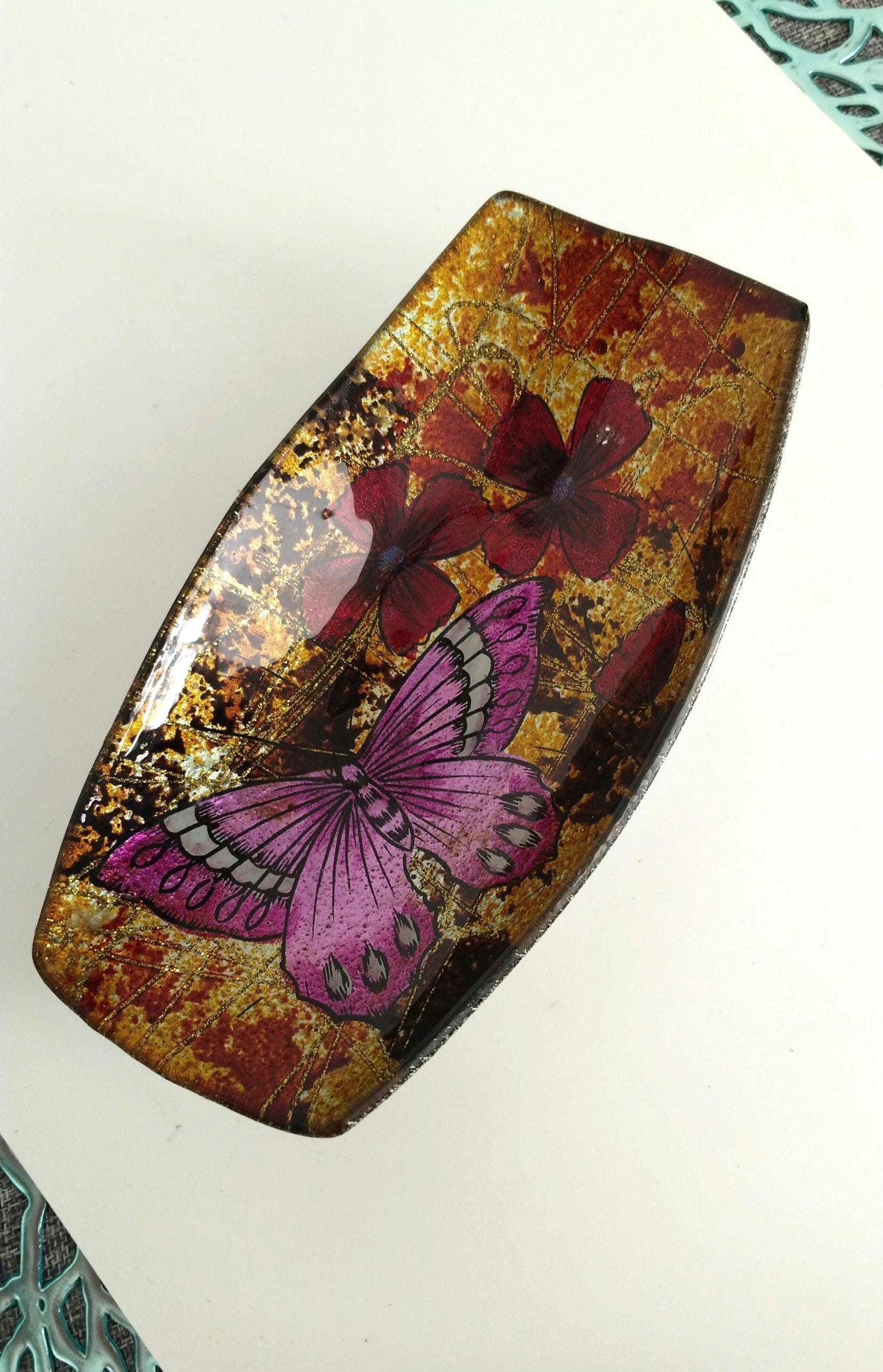 Schmuckschale Glas/ Schmetterlingmotiv/ Blumen/Kleine Schale Für Schmuck, Ringe, Halskette/ Bunt/ Wohnkultur/ Geschenk Freunde Geburtstag Schmuckschale Glas/ Schmetterlingmotiv/ Blumen/Kleine Schale Für Schmuck, Ringe, Halskette/ Bunt/ Wohnkultur/ Geschenk Freunde Geburtstag von LeoKueVintage