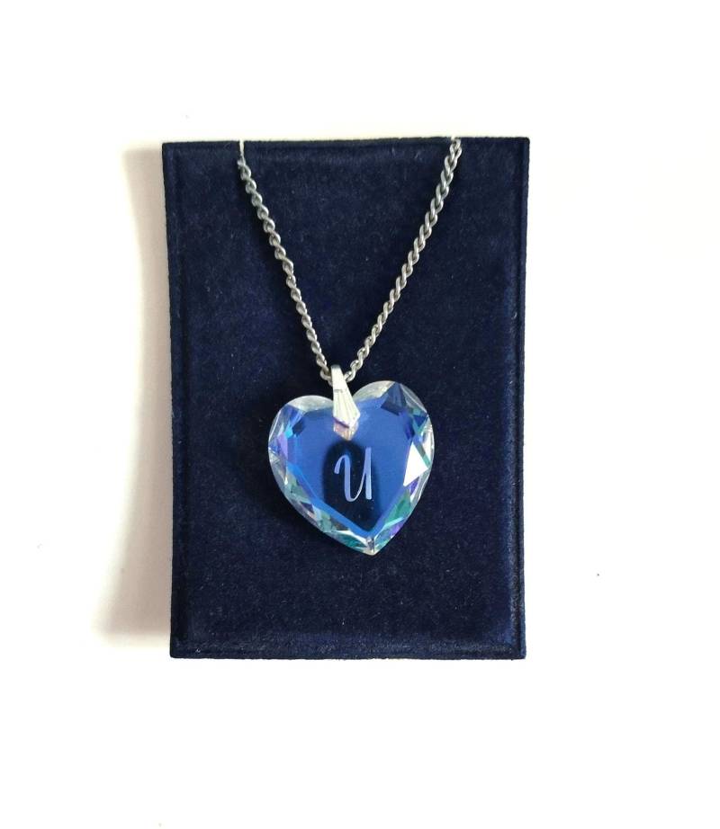 Herzkette Kristall „U"/Swarovski Stil Geschenk Freundin Buchstabenanhänger Silberkette Funkelnd Blau Lila, Damen, Herren von LeoKueVintage