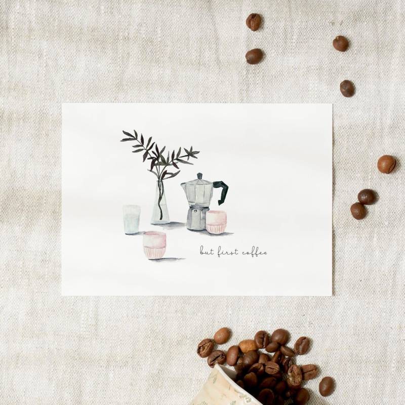 Postkarte | But First Coffee Karte Kaffee Aquarell Coffee Lover Geburtstagskarte Blumenillustration Aquarell Bild Küche von LeoLaDouce