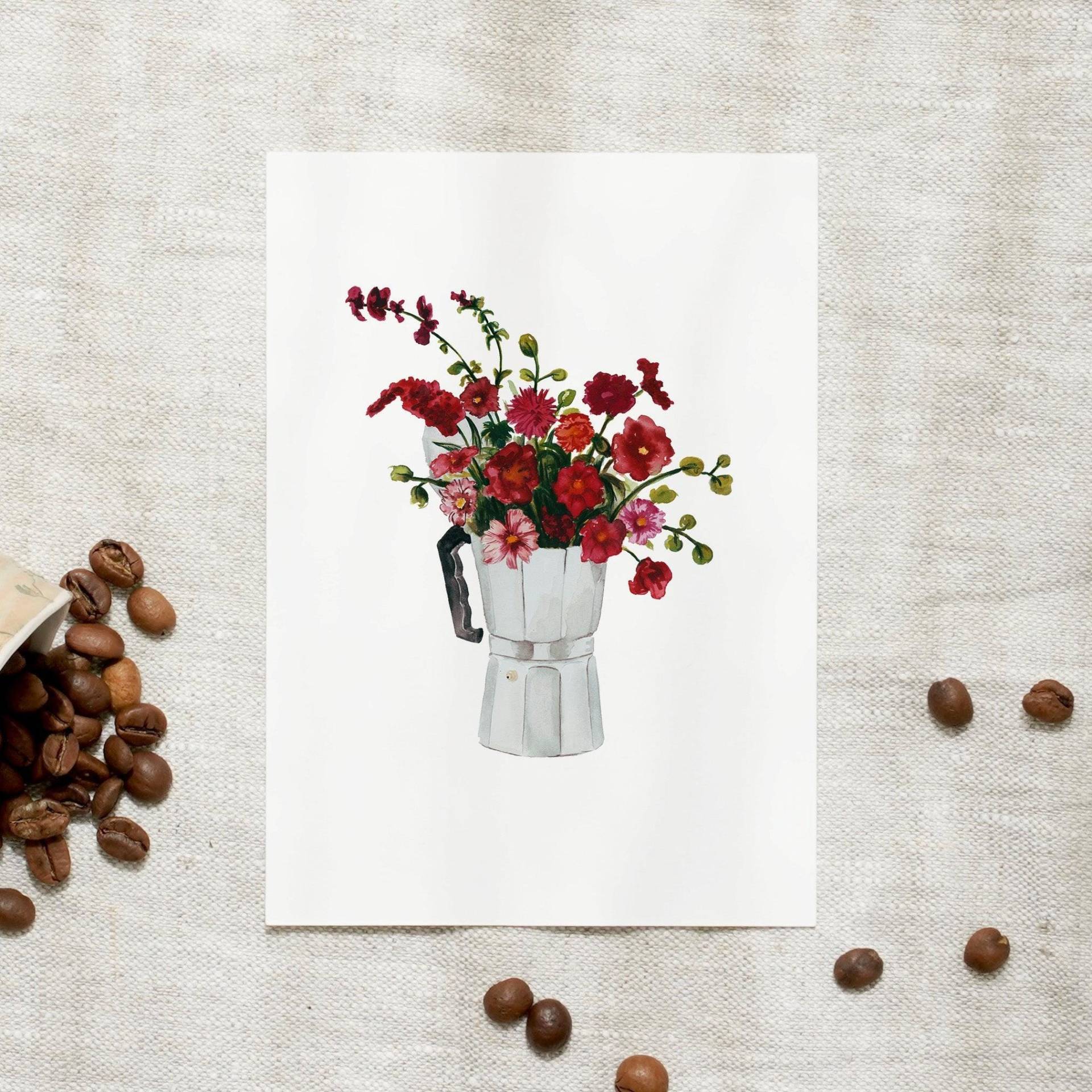Postkarte | Espresso Bouquet Karte Kaffee Aquarell Coffee Lover Geburtstagskarte Blumenillustration Aquarell Bild Küche von LeoLaDouce