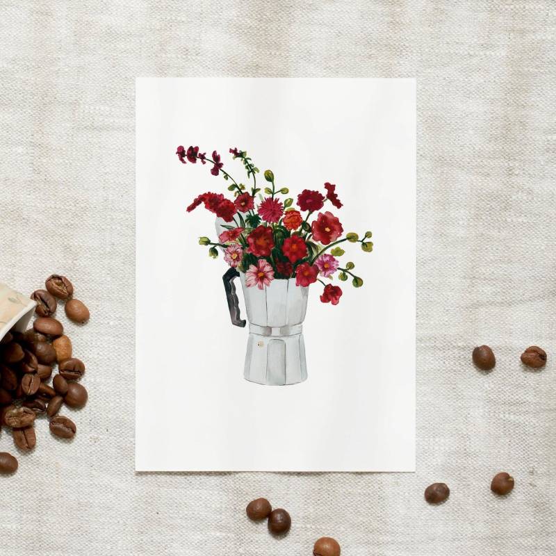 Postkarte | Espresso Bouquet Karte Kaffee Aquarell Coffee Lover Geburtstagskarte Blumenillustration Aquarell Bild Küche von LeoLaDouce