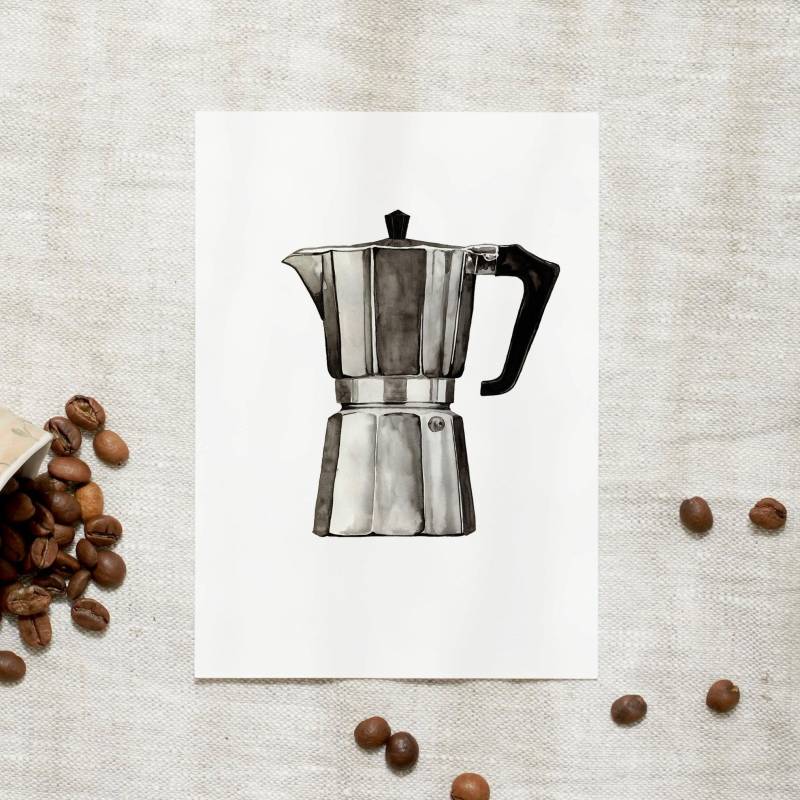Postkarte | Espresso Maker Karte Kaffee Aquarell Coffee Lover Aquarell Bild Küche Illustration von LeoLaDouce
