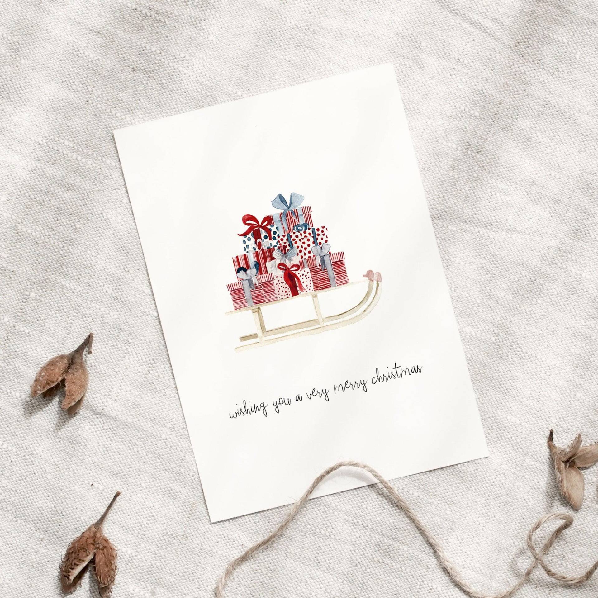 Weihnachtskarte | Schlitten Postkarte Weihnachten Karte Aquarell Handgemalte Weihnachtsschlitten Adventskranz von LeoLaDouce