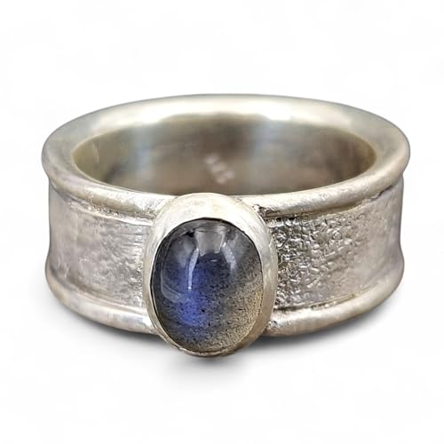 Labradorit Design Ring aus 925er Silber, Gr. 60-61(19,3), Labradorit Cabochon mit schönem rollenden blauen Farbspiel, Unikat, Handarbeit von LeoLars-PABE