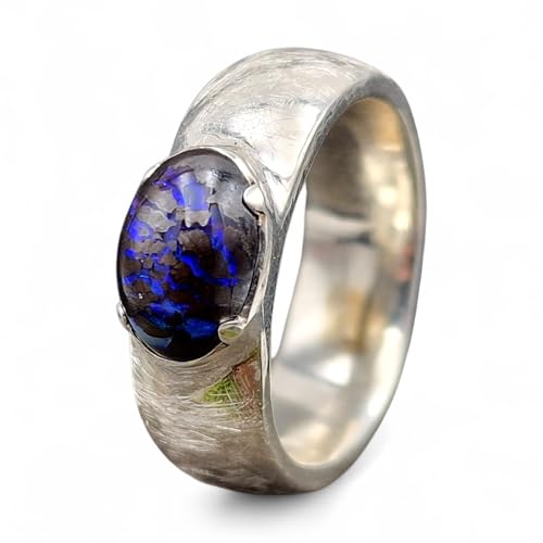 LeoLars-PABE Boulder Matrix Opal Design Ring, Unisex, Gr.66 (21), aus 925er Silber, eismattiert, Opal mit Opaladern mit dunkelblauem Opalfeuer, Unikat, Handarbeit von LeoLars-PABE