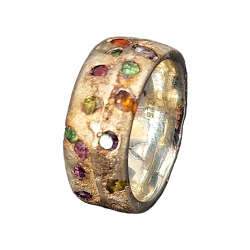 LeoLars-PABE Bunter Sandguss Design Ring, Gr. 53 (16,8), aus 925er Silber mit eingegossenen Edelsteinen, zart teilvergoldet, Sandguss Oberfläche, Unikat, Handarbeit von LeoLars-PABE