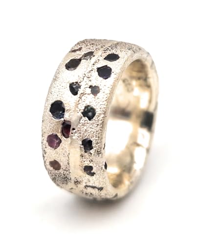 LeoLars-PABE Design Sandguss Ring, Gr.53 (16,8), aus 925er Silber mit eingegossenen echten verschiedenen Edelsteinen, Sandguss Oberfläche, Nr.60, Unikat, Handarbeit von LeoLars-PABE