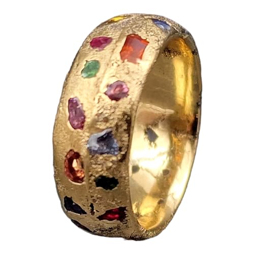 LeoLars-PABE Hochwertiger Sandguss Design Ring, Gr. 56 (17,8), aus 585er Gelbgold mit echten verschiedenen eingegossenen Edelsteinen, massiv, Nr.64, Unikat, Handarbeit von LeoLars-PABE