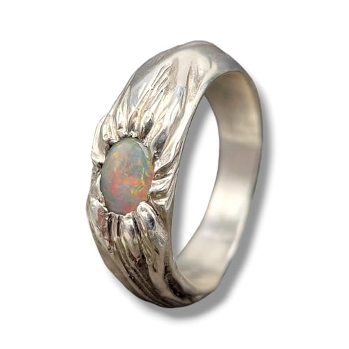 LeoLars-PABE Lightning Ridge Design Opal mit weißem Stein mit rotem und etwas orangem Feuer in einem massiven strukturierten Ring aus 925er Silber in Wurzeldesign, Größe 56 (18) Unikat, Handarbeit von LeoLars-PABE