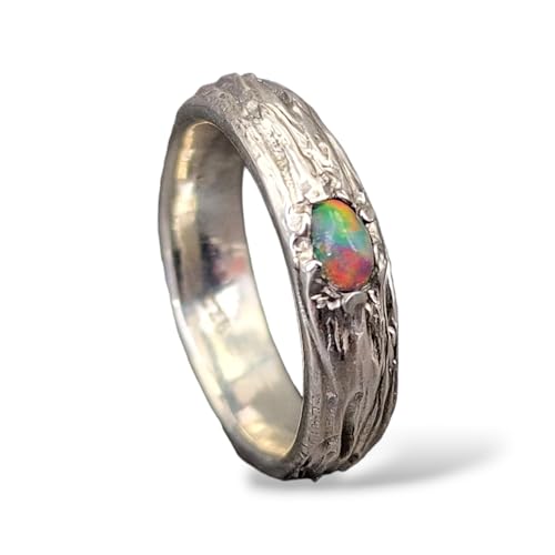 LeoLars-PABE Lightning Ridge Multicolor Opal Ring, Gr. 56 (18), aus 925er Silber im Wurzeldesign, Opal mit intensiven Farben, 5x3mm, Unikat, Handarbeit von LeoLars-PABE