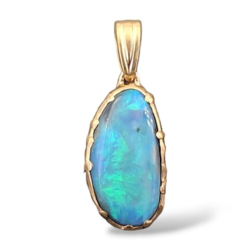 LeoLars-PABE Lightning Ridge Opal Anhänger aus 585er Gelbgold, organische Fassung, Opal - grün-blaues Opalfeuer, 19,3x9,8mm, Unikat, Handarbeit von LeoLars-PABE