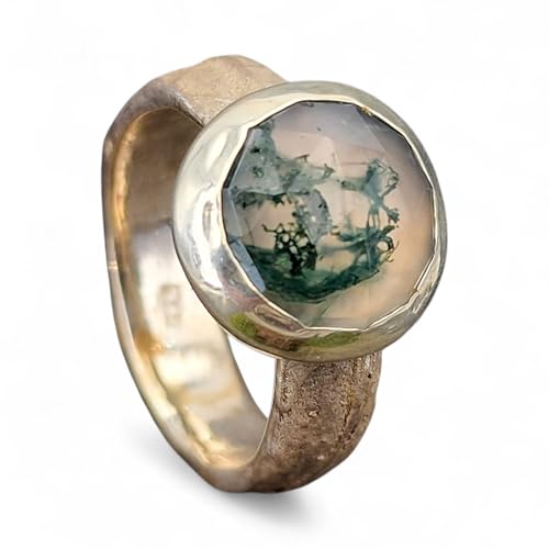 LeoLars-PABE Moosachat Design Ring, Gr. 58 (18,5), aus 925er Silber mit tollem Innenleben und Kräuterdesign 420 Nr. 0102 Ringschiene, Unikat, Handarbeit von LeoLars-PABE