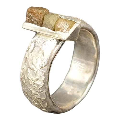 LeoLars-PABE Rohdiamant Design Ring, Gr. 58 (18,5), aus 925er Silber, Stein Design Oberfläche, 3 große Roohdiamanten in gelb, grau, braun, Unikat, Handarbeit von LeoLars-PABE
